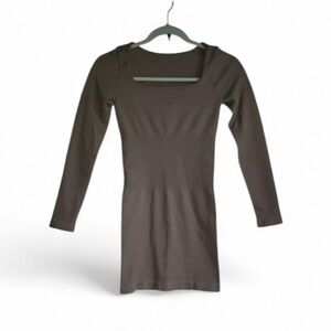 OQQ Ribbed Long Sleeve Sqaure Neck Mini Bodycon Dress - Small